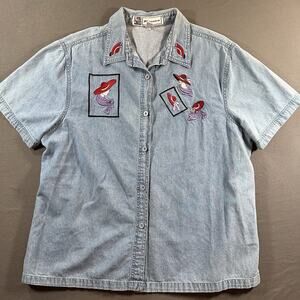 Passion Denim Red Hat Society Embroidered Short Sleeve Button-Up Shirt XL